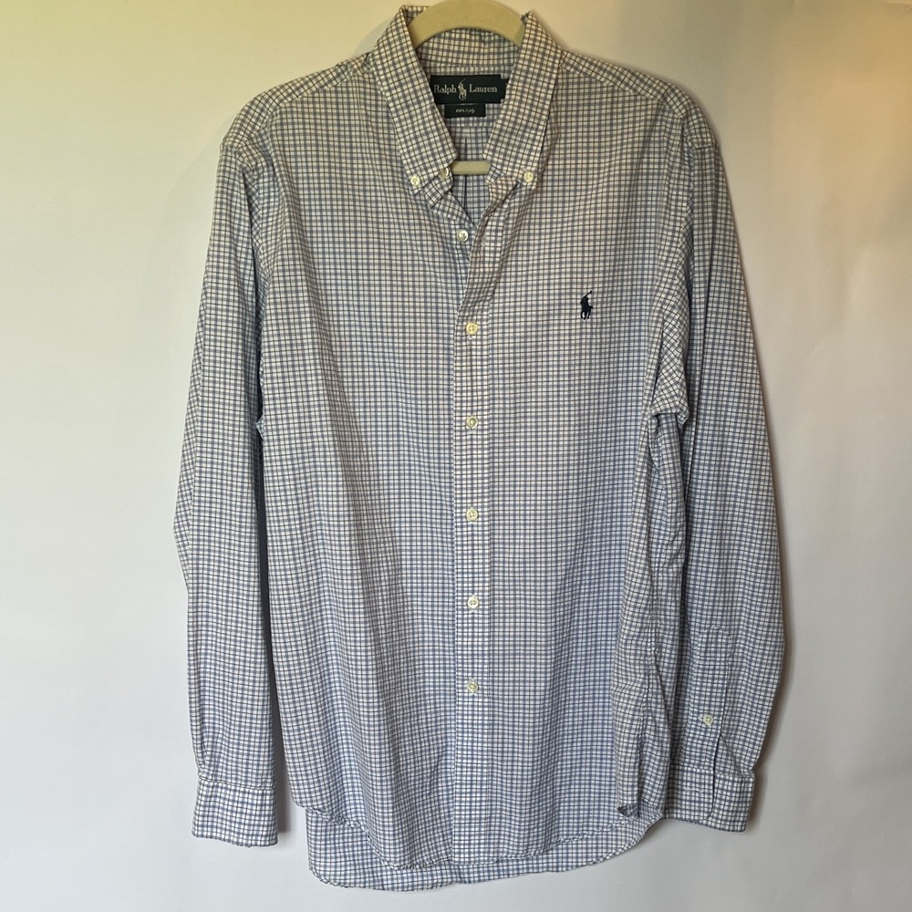 Ralph Lauren Blue White Plaid 100% 2-ply Cotton Button Down Shirt LS Mens Large